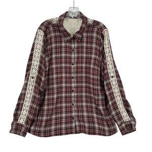 Kate + Sam Button Up Shirt Plaid Long Sleeve Lace Trim Top Roll Tabs Women Sz L